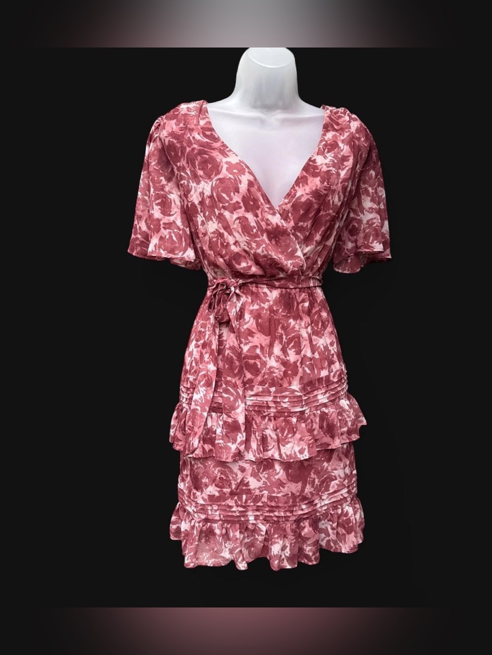 Pink & white rosette floral wrap dress with tired ruffles and butterfly sleeves.